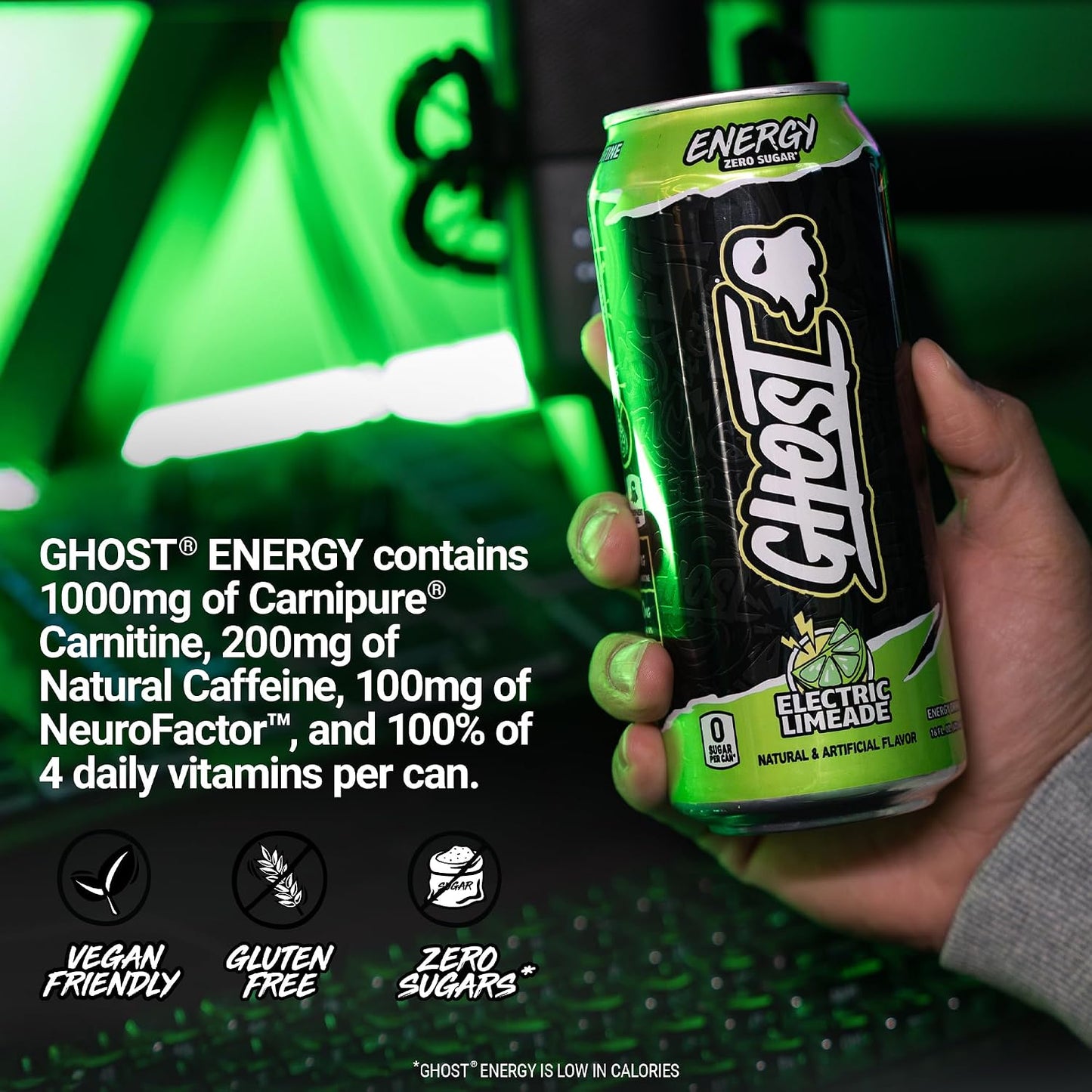 Energy Drink - 12-Pack, Electric Limeade, 16Oz Cans - Energy & Focus & No Artificial Colors - 200Mg of Natural Caffeine, L-Carnitine & Taurine - Gluten-Free & Vegan