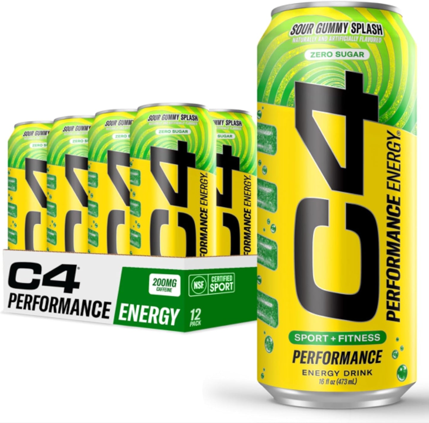 Energy Carbonated Zero Sugar Energy Drink, Pre Workout Drink + Beta Alanine, Sour Gummy Splash, 16 Fl Oz (Pack of 12)