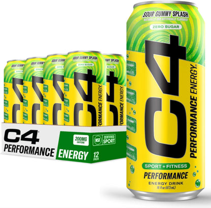 Energy Carbonated Zero Sugar Energy Drink, Pre Workout Drink + Beta Alanine, Sour Gummy Splash, 16 Fl Oz (Pack of 12)