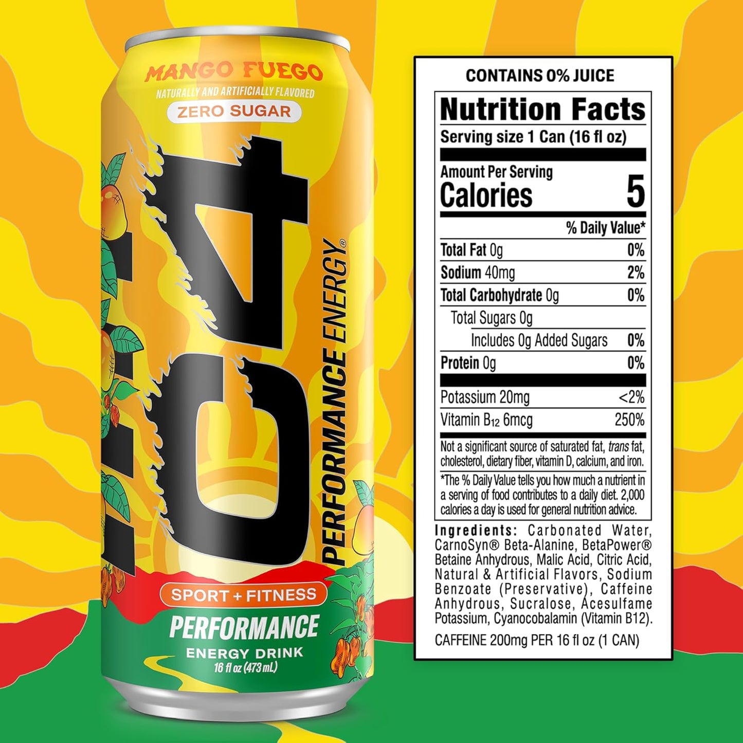 Performance Energy Drink, Mango Fuego, Zero Sugar Carbonated Preworkout Energy, 200Mg Caffeine with Beta Alanine, 16 Fl Oz (12 Pack)