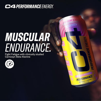 Performance Energy Drink | Strawberry Blast | Zero Sugar Carbonated Preworkout Energy | 200Mg Caffeine with Beta Alanine | 16 Fl Oz (24 Pack)