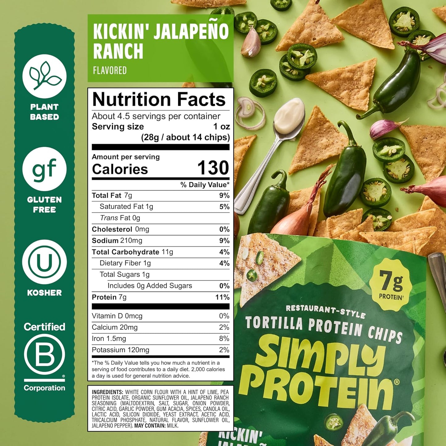 - Tortilla Chips, Restaurant Style Protein Chips, Jalapeno Ranch (3-Pack) - 7G Protein, 140 Calories, Gluten Free, Vegan - Crispy Plant Based Pea Protein Snacks - 3 Bags, 4.58Oz (130G)