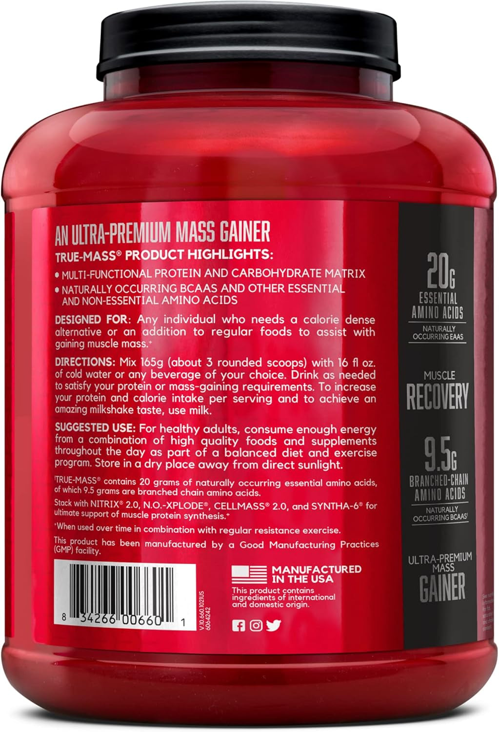 TRUE-MASS Weight Gainer, Mass Gainer Protein Powder, Post Workout Muscle Recovery Powder, Muscle Gainer, 2:1 Carbs to Protein Ratio, Vanilla Ice Cream, 5.82 Pound, 16 Servings