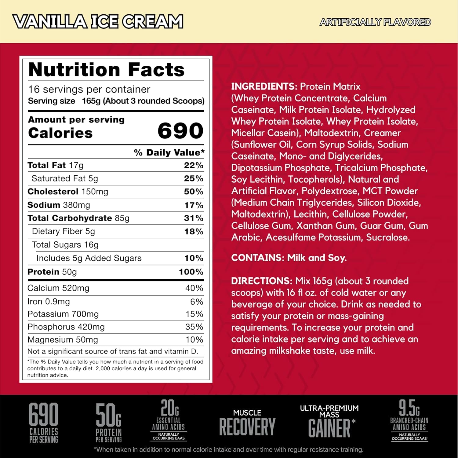 TRUE-MASS Weight Gainer, Mass Gainer Protein Powder, Post Workout Muscle Recovery Powder, Muscle Gainer, 2:1 Carbs to Protein Ratio, Vanilla Ice Cream, 5.82 Pound, 16 Servings