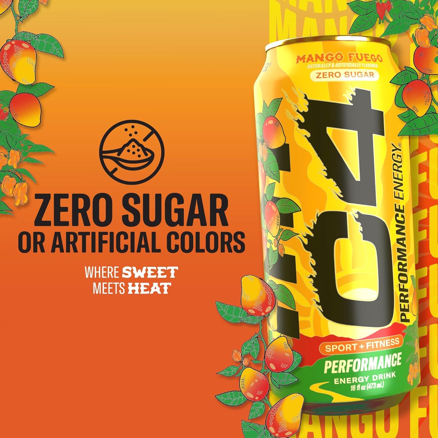 Performance Energy Drink, Mango Fuego, Zero Sugar Carbonated Preworkout Energy, 200Mg Caffeine with Beta Alanine, 16 Fl Oz (12 Pack)