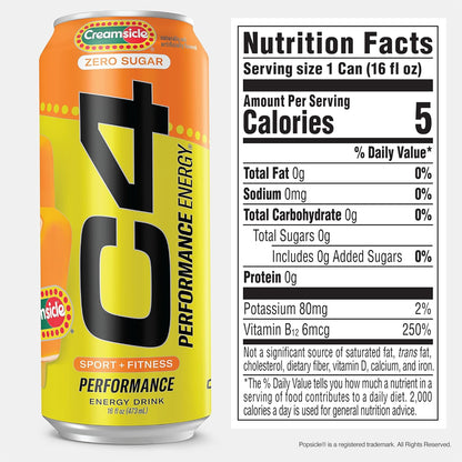 Performance Energy Drink, Orange Creamsicle, Zero Sugar Carbonated Preworkout Energy, 200Mg Caffeine with Beta Alanine, 16 Fl Oz (12 Pack)