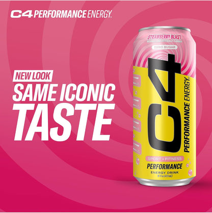 Performance Energy Drink | Strawberry Blast | Zero Sugar Carbonated Preworkout Energy | 200Mg Caffeine with Beta Alanine | 16 Fl Oz (24 Pack)