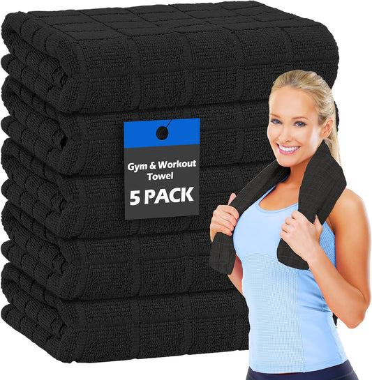 HOMERHYMRE Microfiber Workout Towels, 5 Pack Black Gym Sweat Sports Towel for Yoga, Tennis, Running, Exercise, Working Out, Camping, Quick Dry, Highly Absorbent, for Women & Men, 16 X 27 Inch