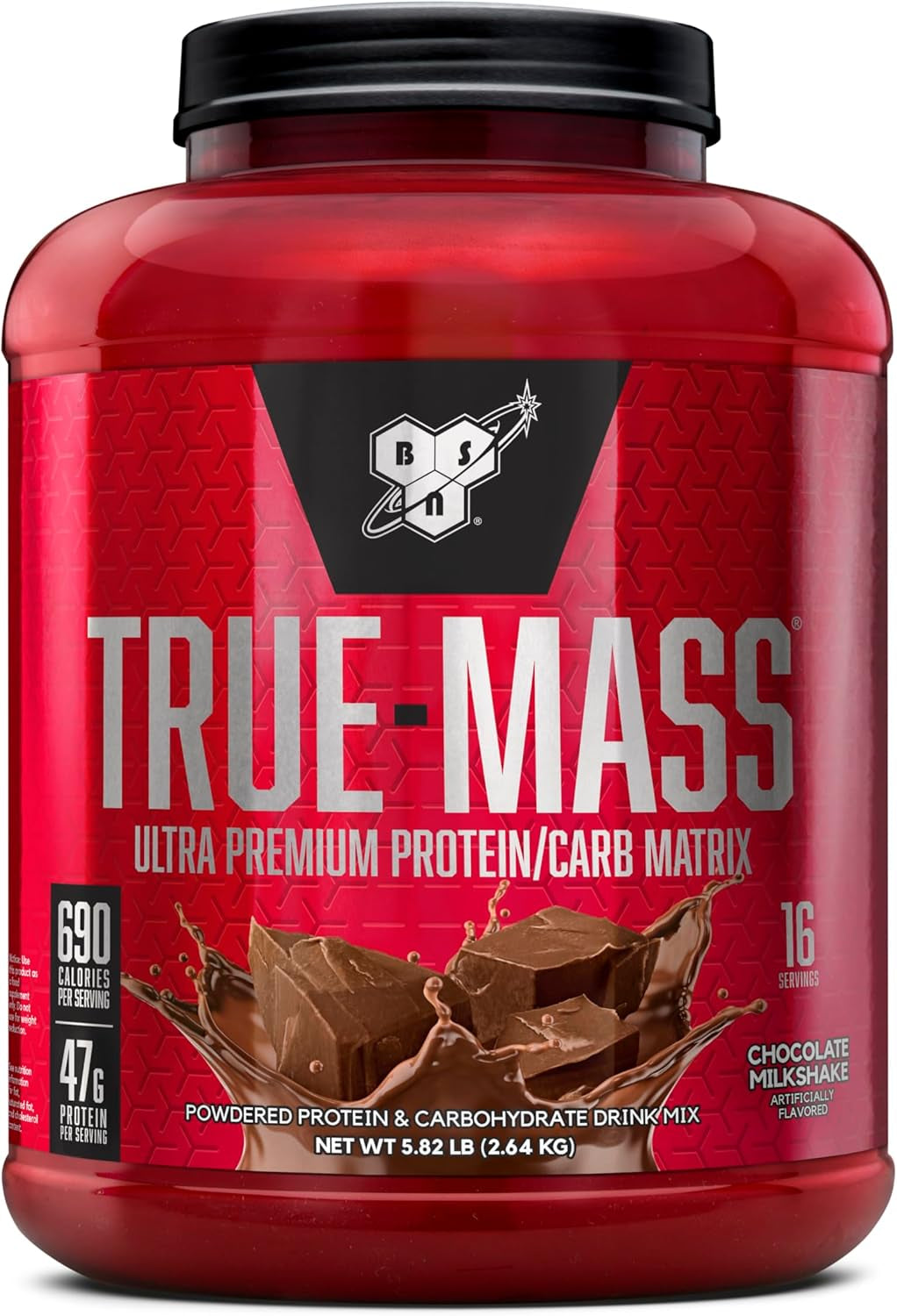 TRUE-MASS Weight Gainer, Mass Gainer Protein Powder, Post Workout Muscle Recovery Powder, Muscle Gain, 2:1 Carbs to Protein Ratio, Chocolate Milkshake, 5.82 Pound, 16 Servings (Packaging May Vary)