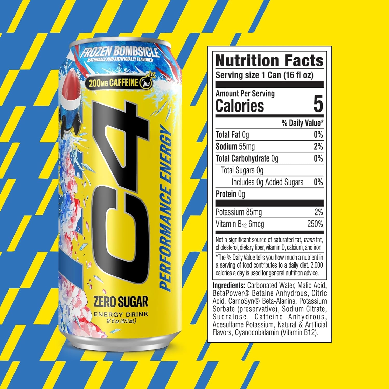 Energy Carbonated Zero Sugar Energy Drink, 200Mg Caffeine Frozen Bombsicle, 16 Fl Oz (Pack of 12)