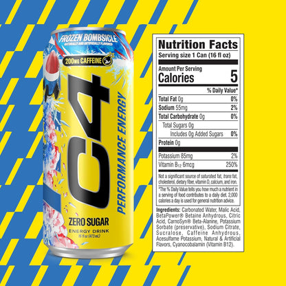 Energy Carbonated Zero Sugar Energy Drink, 200Mg Caffeine Frozen Bombsicle, 16 Fl Oz (Pack of 12)