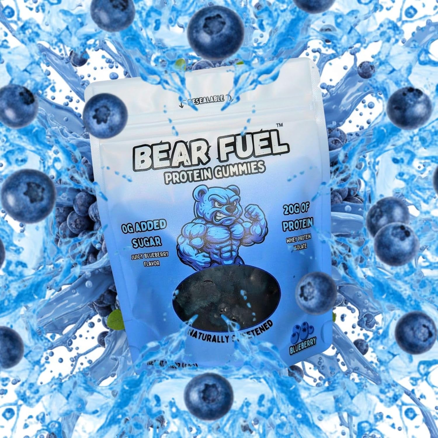 Protein Gummies – 20G Protein Candy Snack – High Protein, Zero Sugar, Naturally Sweetened Gummy Bears – Fruit Variety (3, Blueberry)