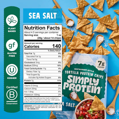 - Tortilla Chips, Restaurant Style Protein Chips, Sea Salt (3-Pack) - 7G Protein, 140 Calories, Gluten Free, Vegan - Plant Based Protein Snacks - Healthy Snacks - 3 Bags, 4.58Oz (130G)