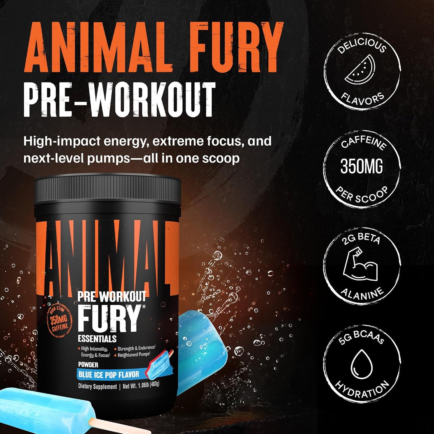 Fury Pre Workout Powder – Blue Ice Pop, 350Mg Caffeine, BCAA Amino Acids, 2G Beta Alanine, Citrulline & Tyrosine, Energy, Focus, Strength, Endurance, Preworkout for Men & Women, 30 Servings