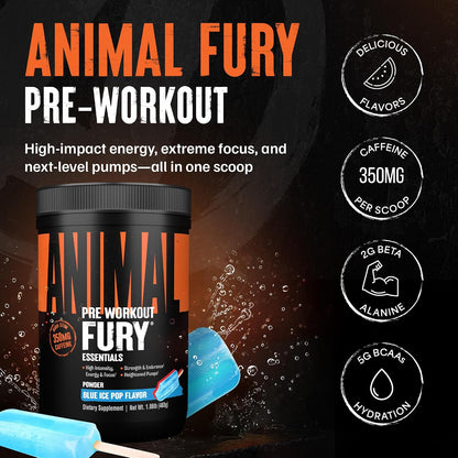 Fury Pre Workout Powder – Blue Ice Pop, 350Mg Caffeine, BCAA Amino Acids, 2G Beta Alanine, Citrulline & Tyrosine, Energy, Focus, Strength, Endurance, Preworkout for Men & Women, 30 Servings