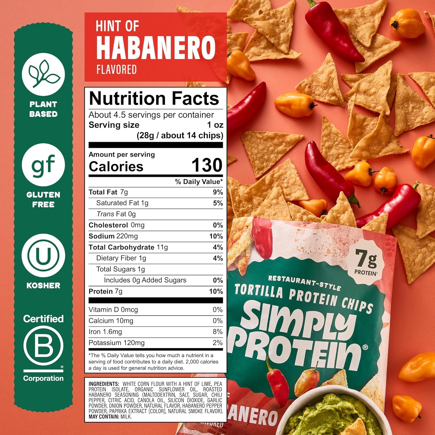 - Tortilla Chips, Restaurant Style Protein Chips, Hint of Habanero (3-Pack) - 7G Protein, 140 Calories, Gluten Free, Vegan - Plant Based Pea Protein Snacks - 3 Bags, 4.58Oz (130G)