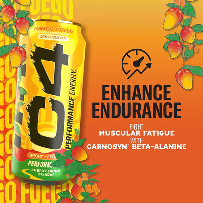 Performance Energy Drink, Mango Fuego, Zero Sugar Carbonated Preworkout Energy, 200Mg Caffeine with Beta Alanine, 16 Fl Oz (12 Pack)