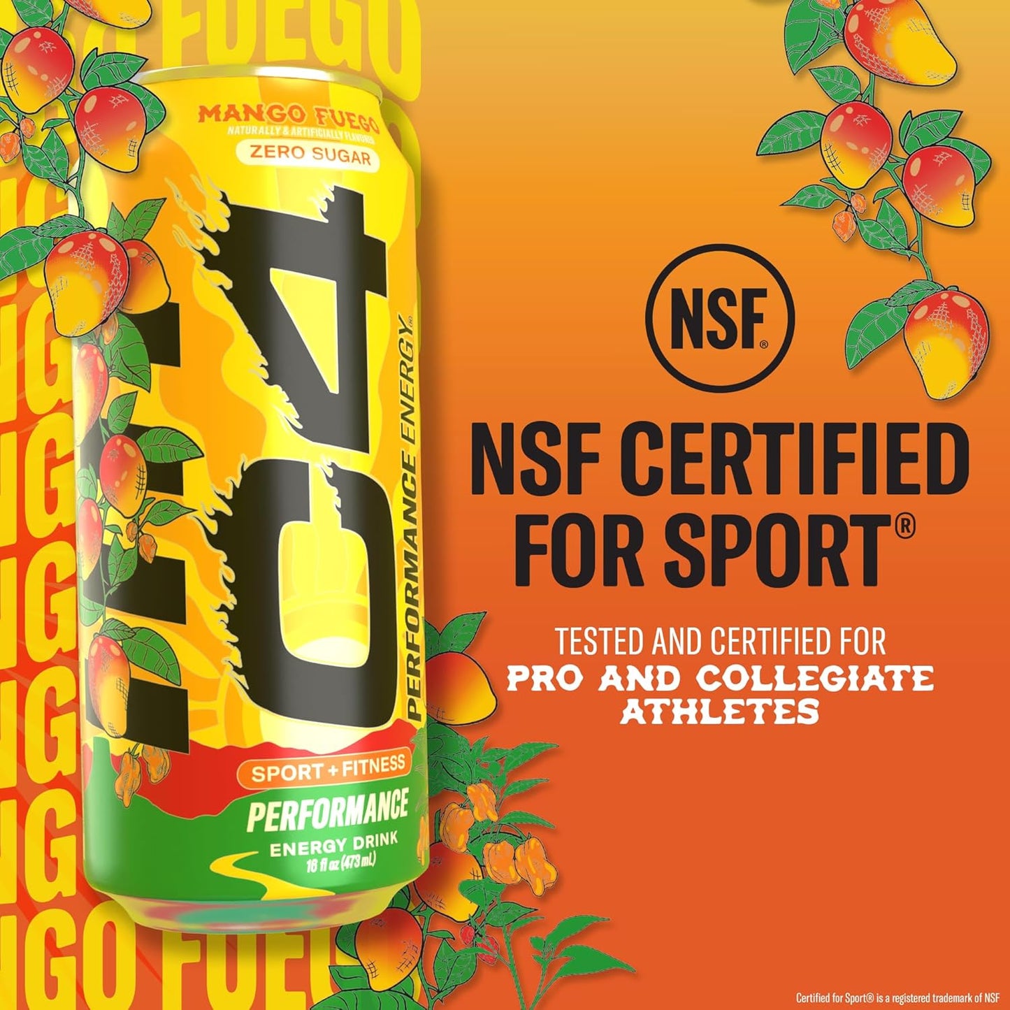Performance Energy Drink, Mango Fuego, Zero Sugar Carbonated Preworkout Energy, 200Mg Caffeine with Beta Alanine, 16 Fl Oz (12 Pack)
